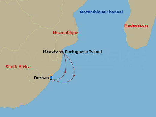 4 Night - South Africa - MSC Sinfonia - Starting in Durban, South Africa, Maputo, Mozambique, Portuguese Island (Inhaca Archipelago), Mozambique, Durban, South Africa itinerary map
