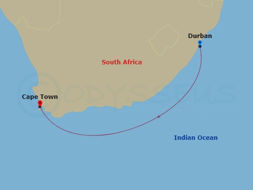 3 Night - South Africa - MSC Sinfonia - Starting in Durban, South Africa, Cape Town, South Africa itinerary map