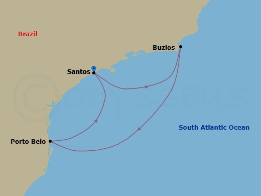 4 Night - South America - MSC Musica - Starting in Santos (Sao Paulo), Brazil, Buzios, Brazil, Porto Belo, Brazil, Santos (Sao Paulo), Brazil itinerary map