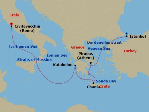7 Night - Istanbul and Greek Islands - Queen Victoria - Starting in Istanbul, Turkey, Dardanelles Strait, Turkey (Transit), Piraeus (tours to Athens), Greece, Souda Bay (for Chania), Crete, Greece, Katakolon (tours to Olympia), Greece, Messina Strait, Italy (Transit), Civitavecchia (tours to Rome), Italy itinerary map