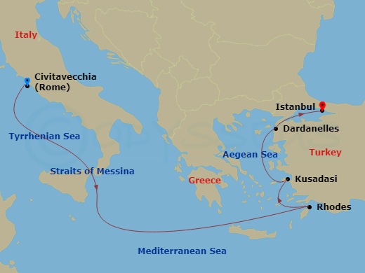 7 Night - Istanbul and Greek Islands - Queen Victoria - Starting in Civitavecchia (tours to Rome), Italy, Messina Strait, Italy (Transit), Rhodes, Greece, Kusadasi (tours to Ephesus), Turkey, Dardanelles Strait, Turkey (Transit), Istanbul, Turkey itinerary map