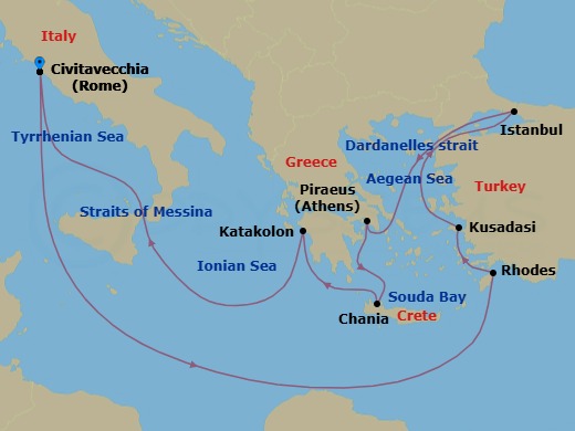 14 Night - Istanbul and Greek Islands - Queen Victoria - Starting in Civitavecchia (tours to Rome), Italy, Messina Strait, Italy (Transit), Rhodes, Greece, Kusadasi (tours to Ephesus), Turkey, Dardanelles Strait, Turkey (Transit), Istanbul, Turkey, Dardanelles Strait, Turkey (Transit), Piraeus (tours to Athens), Greece, Souda Bay (for Chania), Crete, Greece, Katakolon (tours to Olympia), Greece, Messina Strait, Italy (Transit), Civitavecchia (tours to Rome), Italy itinerary map