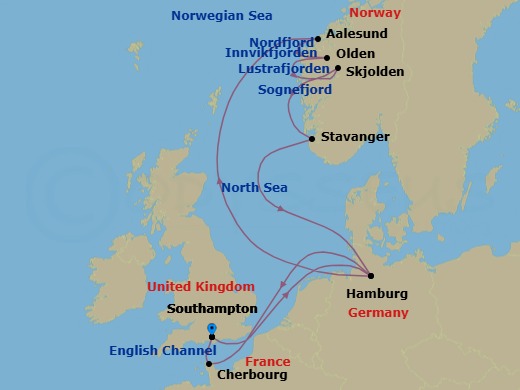 12 Night - Norwegian Fjords - Queen Mary 2 - Starting in Southampton, England, UK, Hamburg, Germany, Alesund, Norway, Olden, Norway, Innvikfjorden, Norway (Scenic Cruising), Nordfjord, Norway (Scenic Cruising), Skjolden, Norway, Lustrafjorden, Norway (Scenic Cruising), Sognefjord, Norway (Scenic Cruising), Stavanger, Norway, Hamburg, Germany, Cherbourg, France, Southampton, England, UK itinerary map