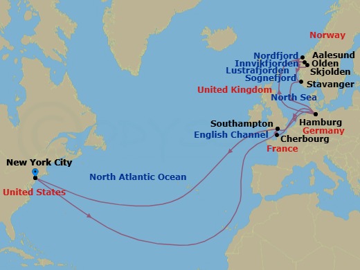 26 Night - Norwegian Fjords - Queen Mary 2 - Starting in New York, NY, Southampton, England, UK, Hamburg, Germany, Alesund, Norway, Olden, Norway, Innvikfjorden, Norway (Scenic Cruising), Nordfjord, Norway (Scenic Cruising), Skjolden, Norway, Lustrafjorden, Norway (Scenic Cruising), Sognefjord, Norway (Scenic Cruising), Stavanger, Norway, Hamburg, Germany, Cherbourg, France, Southampton, England, UK, New York, NY itinerary map