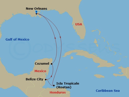 7 Night - Western Caribbean - Carnival Liberty - Starting in New Orleans, La, Isla Tropicale, Roatan, Belize, Puerta Maya, Cozumel, Mexico, New Orleans, La itinerary map