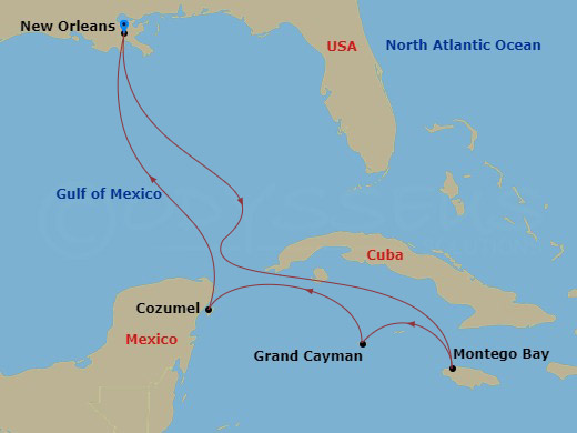 7 Night - Western Caribbean - Carnival Liberty - Starting in New Orleans, La, Montego Bay, Jamaica, Grand Cayman, Cayman Islands, Puerta Maya, Cozumel, Mexico, New Orleans, La itinerary map