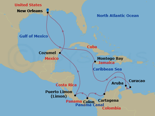 14 Night - Journeys - Caribbean & Panama - Carnival Liberty - Starting in New Orleans, La, Montego Bay, Jamaica, Aruba, Curacao, Cartagena CO, Colon (Panama Canal), Panama, Limon, Costa Rica, Puerta Maya, Cozumel, Mexico, New Orleans, La itinerary map