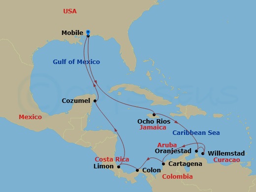 14 Night - Journeys - Caribbean & Panama - Carnival Valor - Starting in Mobile, Al, Ocho Rios, Jamaica, Aruba, Curacao, Cartagena CO, Colon (Panama Canal), Panama, Limon, Costa Rica, Puerta Maya, Cozumel, Mexico, Mobile, Al itinerary map
