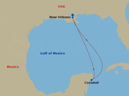 4 Night - Western Caribbean - Carnival Valor - Starting in New Orleans, La, Puerta Maya, Cozumel, Mexico, New Orleans, La itinerary map