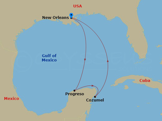 5 Night - Western Caribbean Itinerary - Carnival Valor - Starting in New Orleans, La, Progreso, Yucatan, Mexico, Puerta Maya, Cozumel, Mexico, New Orleans, La itinerary map