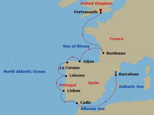 12 Night - Europe & Mediterranean - Crystal Serenity - Starting in Barcelona, Cadiz, Lisbon, Leixoes (Porto), A Coruna, Gijon, Spain, Bordeaux, Portsmouth UK itinerary map