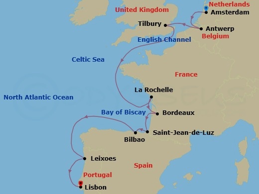 12 Night - Baltic & Northern Europe - Crystal Serenity - Starting in Amsterdam, Antwerp, London (Tilbury), La Rochelle, France, Bordeaux, Saint-Jean-de-Luz, Bilbao, Leixoes (Porto), Lisbon itinerary map