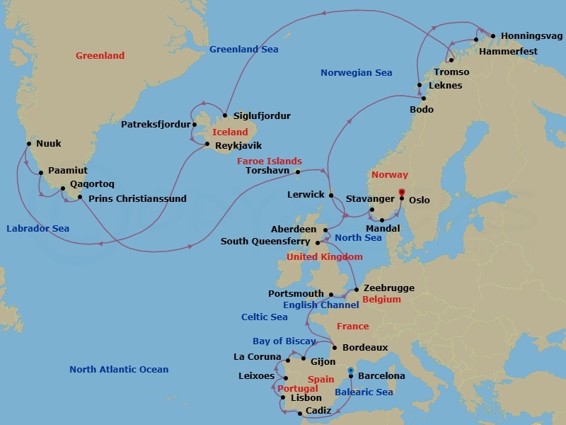 45 Night - Baltic & Northern Europe - Crystal Serenity - Starting in Barcelona, Cadiz, Lisbon, Leixoes (Porto), A Coruna, Gijon, Spain, Bordeaux, Portsmouth UK, Zeebrugge, South Queensferry, Aberdeen, Lerwick, Nordfjordur, Bodo, Leknes (Vestvagoy), Honningsvag (Nord Cape), Hammerfest, Tromso, Siglufjordur, Patreksfjordur, Reykjavik, Nuuk (Godthab), Paamiut, Qaqortoq (Julianehab), Cruise Prince Kristian Fjord, Torshavn, Faroe Islands, Lerwick, Stavanger, Mandal, Oslo itinerary map
