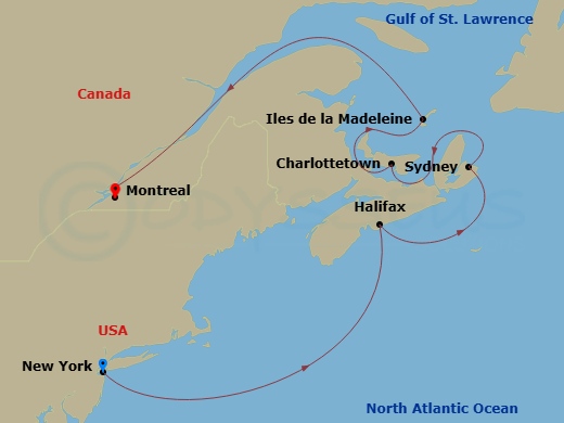 7 Night - North America & Canada - Crystal Symphony - Starting in New York, Halifax, Sydney NS, Nova Scotia, Charlottetown, Prince Edward Island, Magdalen Islands, Montreal itinerary map