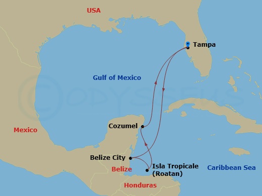 6 Night - Western Caribbean - Carnival Paradise - Starting in Tampa, Fl, Belize, Isla Tropicale, Roatan, Puerta Maya, Cozumel, Mexico, Tampa, Fl itinerary map