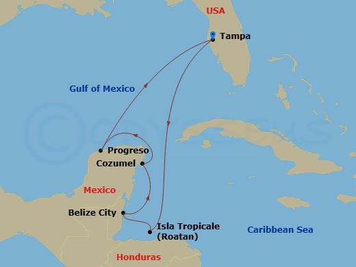 7 Night - Western Caribbean - Carnival Spirit - Starting in Tampa, Fl, Isla Tropicale, Roatan, Belize, Puerta Maya, Cozumel, Mexico, Progreso, Yucatan, Mexico, Tampa, Fl itinerary map