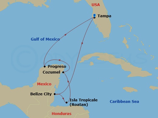 7 Night - Western Caribbean - Carnival Spirit - Starting in Tampa, Fl, Belize, Isla Tropicale, Roatan, Puerta Maya, Cozumel, Mexico, Progreso, Yucatan, Mexico, Tampa, Fl itinerary map