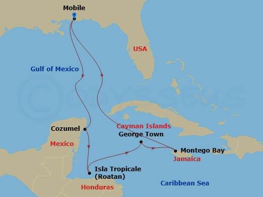 9 Night - Carnival Journeys Western Caribbea - Carnival Spirit - Starting in Mobile, Al, Puerta Maya, Cozumel, Mexico, Isla Tropicale, Roatan, Grand Cayman, Cayman Islands, Montego Bay, Jamaica, Mobile, Al itinerary map