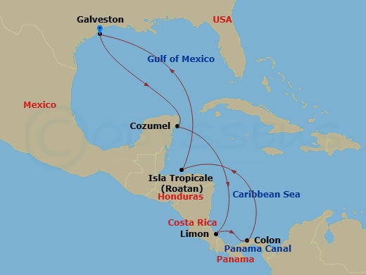 10 Night - Caribbean & Panama - Carnival Spirit - Starting in Galveston, Tx, Puerta Maya, Cozumel, Mexico, Limon, Costa Rica, Colon (Panama Canal), Panama, Isla Tropicale, Roatan, Galveston, Tx itinerary map