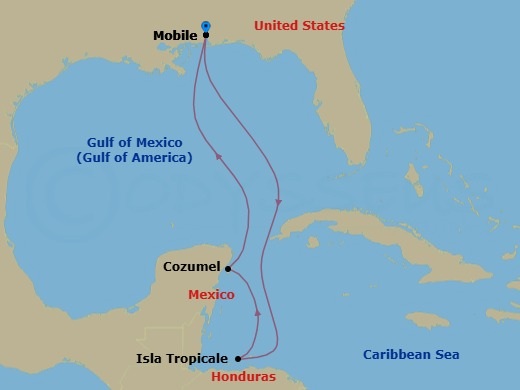 6 Night - Western Caribbean - Carnival Spirit - Starting in Mobile, Al, Isla Tropicale, Roatan, Puerta Maya, Cozumel, Mexico, Mobile, Al itinerary map