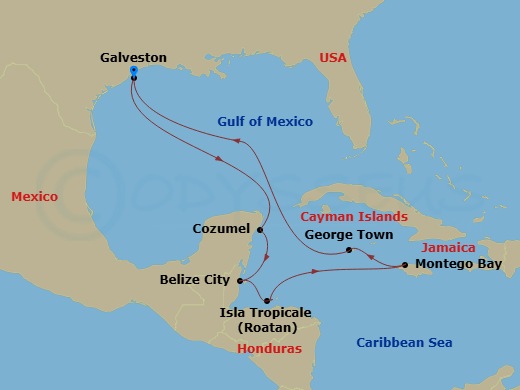10 Night - Western Caribbean - Carnival Miracle - Starting in Galveston, Tx, Puerta Maya, Cozumel, Mexico, Belize, Isla Tropicale, Roatan, Montego Bay, Jamaica, Grand Cayman, Cayman Islands, Galveston, Tx itinerary map
