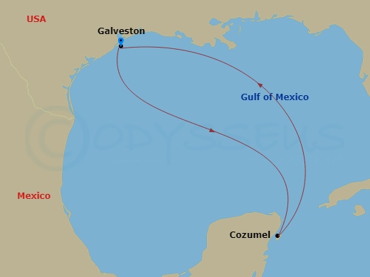4 Night - Western Caribbean - Carnival Miracle - Starting in Galveston, Tx, Puerta Maya, Cozumel, Mexico, Galveston, Tx itinerary map