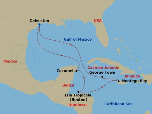 10 Night - Western Caribbean - Carnival Miracle - Starting in Galveston, Tx, Grand Cayman, Cayman Islands, Montego Bay, Jamaica, Isla Tropicale, Roatan, Belize, Puerta Maya, Cozumel, Mexico, Galveston, Tx itinerary map