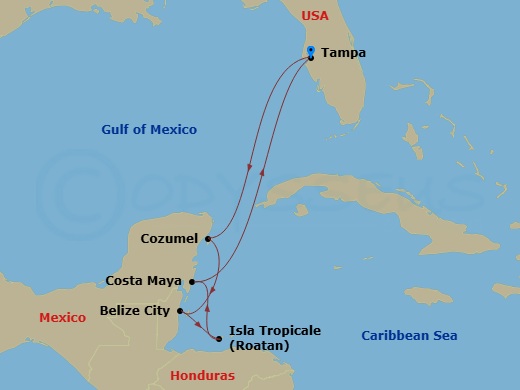 7 Night - Western Caribbean - Carnival Legend - Starting in Tampa, Fl, Puerta Maya, Cozumel, Mexico, Belize, Isla Tropicale, Roatan, Costa Maya, Mexico, Tampa, Fl itinerary map