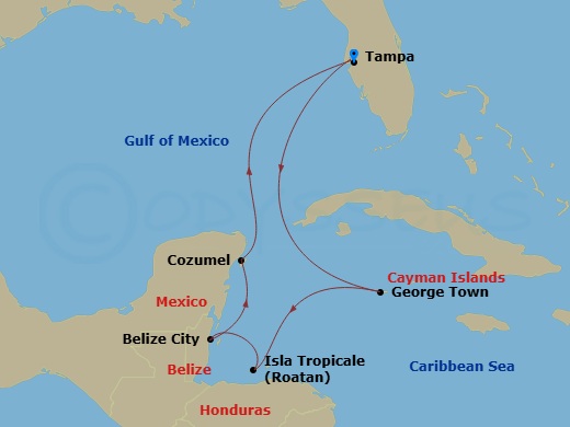 8 Night - Western Caribbean - Carnival Legend - Starting in Tampa, Fl, Grand Cayman, Cayman Islands, Isla Tropicale, Roatan, Belize, Puerta Maya, Cozumel, Mexico, Tampa, Fl itinerary map