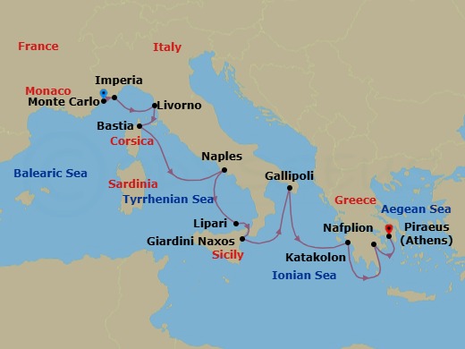 12 Night - Monte Carlo to Athens - Silver Shadow - Starting in Monte Carlo, Imperia, Livorno (Tuscany), Bastia, Corsica, Naples, Lipari Island, Giardini Naxos (Sicily), Gallipoli, Katakolon (Olympia), Nafplion, Athens (Piraeus) itinerary map