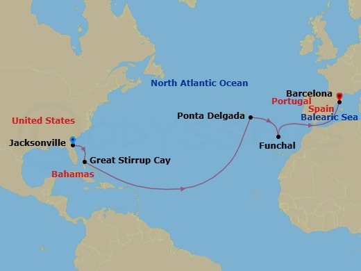 14 Night - Repo - Transatlantic - Norwegian Dawn - Starting in Jacksonville, Florida, Great Stirrup Cay, Bahamas, Ponta Delgada, Portugal, Funchal, Portugal, Barcelona, Spain itinerary map