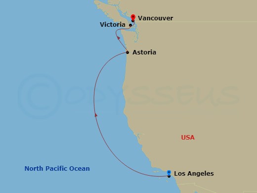6 Night - Repo - Pacific Coastal - Norwegian Encore - Starting in Los Angeles, Ca, Astoria, Or, Victoria CA, Canada, Vancouver, Canada itinerary map