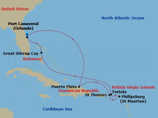 8 Night - Eastern Caribbean - Port Canaveral - Norwegian Epic - Starting in Orlando Beaches / Port Canaveral, Fl, Puerto Plata, Dominican Republic, St Thomas, Vi, Philipsburg, St Maarten, Netherland Antilles, Tortola, British Virgin Islands, Great Stirrup Cay, Bahamas, Orlando Beaches / Port Canaveral, Fl itinerary map