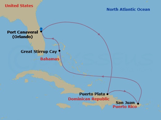6 Night - Eastern Caribbean - Port Canaveral - Norwegian Epic - Starting in Orlando Beaches / Port Canaveral, Fl, Puerto Plata, Dominican Republic, San Juan, Pr, Great Stirrup Cay, Bahamas, Orlando Beaches / Port Canaveral, Fl itinerary map