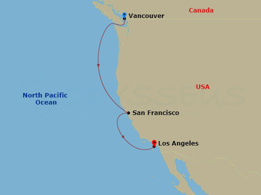 6 Night - Repo - Pacific Coastal - Norwegian Encore - Starting in Vancouver, Canada, San Francisco, Ca, Los Angeles, Ca itinerary map