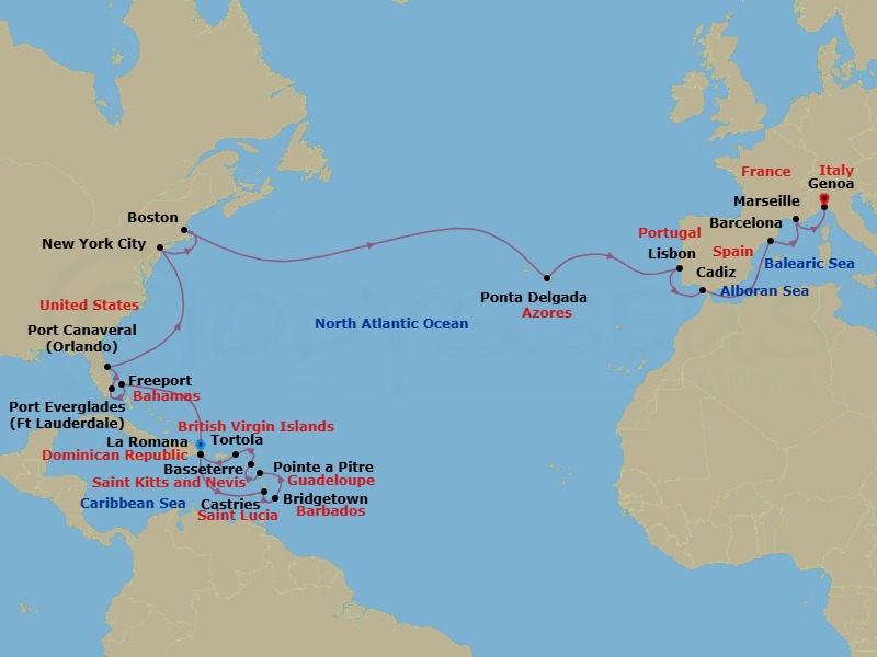 31 Night - Cruise from La Romana to Genoa - Costa Fascinosa - Starting in La Romana, Castries, Bridgetown, Barbados, Pointe-a-Pitre, Basseterre, Saint Kitts, Road Harbour (Tortola), La Romana, Freeport, Port Everglades, Port Canaveral, New York, Boston, Ponta Delgada (Azores), Lisbon, Cadiz, Barcelona, Marseille, Genoa (Portofino) itinerary map