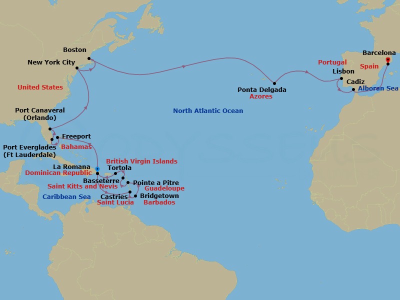 29 Night - Caribbean from La Romana to Barcelona - Costa Fascinosa - Starting in La Romana, Castries, Bridgetown, Barbados, Pointe-a-Pitre, Basseterre, Saint Kitts, Road Harbour (Tortola), La Romana, Freeport, Port Everglades, Port Canaveral, New York, Boston, Ponta Delgada (Azores), Lisbon, Cadiz, Barcelona itinerary map