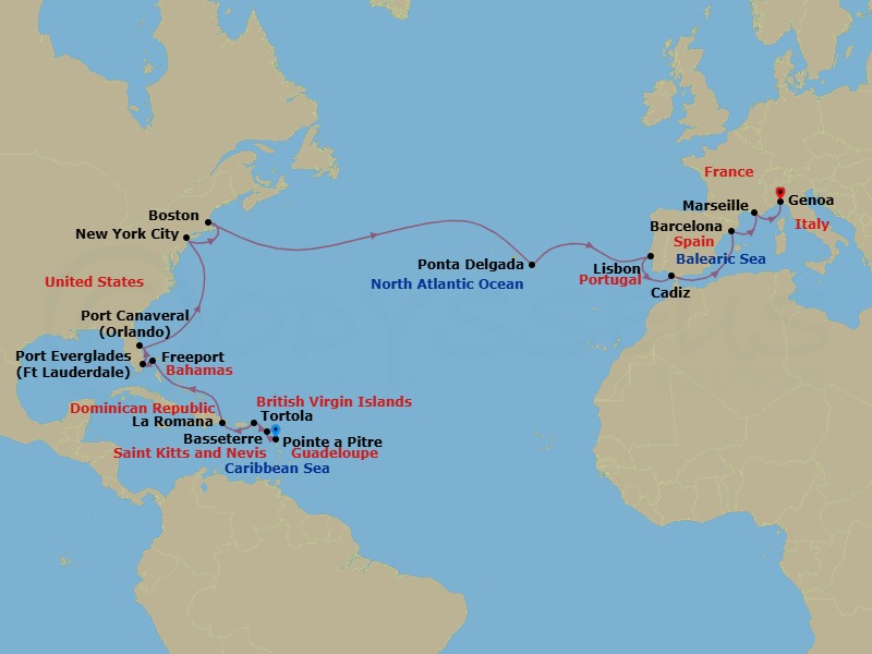 27 Night - Cruise from Pointe a Pitre to Genoa - Costa Fascinosa - Starting in Pointe-a-Pitre, Basseterre, Saint Kitts, Road Harbour (Tortola), La Romana, Freeport, Port Everglades, Port Canaveral, New York, Boston, Ponta Delgada (Azores), Lisbon, Cadiz, Barcelona, Marseille, Genoa (Portofino) itinerary map