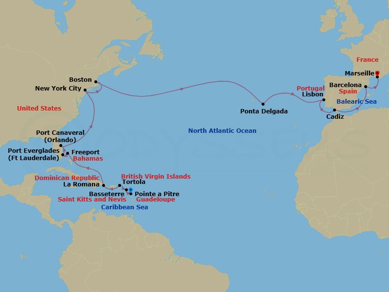 26 Night - Europe from Pointe a Pitre to Marseille - Costa Fascinosa - Starting in Pointe-a-Pitre, Basseterre, Saint Kitts, Road Harbour (Tortola), La Romana, Freeport, Port Everglades, Port Canaveral, New York, Boston, Ponta Delgada (Azores), Lisbon, Cadiz, Barcelona, Marseille itinerary map