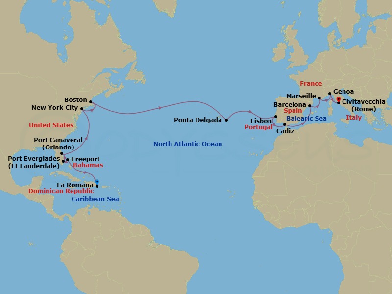 25 Night - Cruise from La Romana to Rome (Civitavecchia) - Costa Fascinosa - Starting in La Romana, Freeport, Port Everglades, Port Canaveral, New York, Boston, Ponta Delgada (Azores), Lisbon, Cadiz, Barcelona, Marseille, Genoa (Portofino), Civitavecchia (Rome) itinerary map