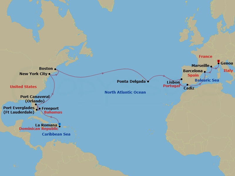 24 Night - Cruise from La Romana to Genoa - Costa Fascinosa - Starting in La Romana, Freeport, Port Everglades, Port Canaveral, New York, Boston, Ponta Delgada (Azores), Lisbon, Cadiz, Barcelona, Marseille, Genoa (Portofino) itinerary map