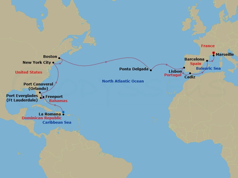 23 Night - Caribbean from La Romana to Marseille - Costa Fascinosa - Starting in La Romana, Freeport, Port Everglades, Port Canaveral, New York, Boston, Ponta Delgada (Azores), Lisbon, Cadiz, Barcelona, Marseille itinerary map
