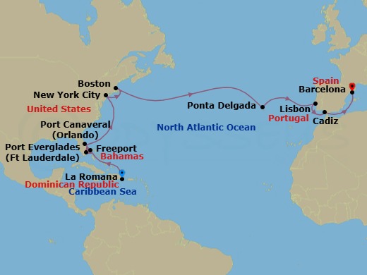 22 Night - Caribbean from La Romana to Barcelona - Costa Fascinosa - Starting in La Romana, Freeport, Port Everglades, Port Canaveral, New York, Boston, Ponta Delgada (Azores), Lisbon, Cadiz, Barcelona itinerary map