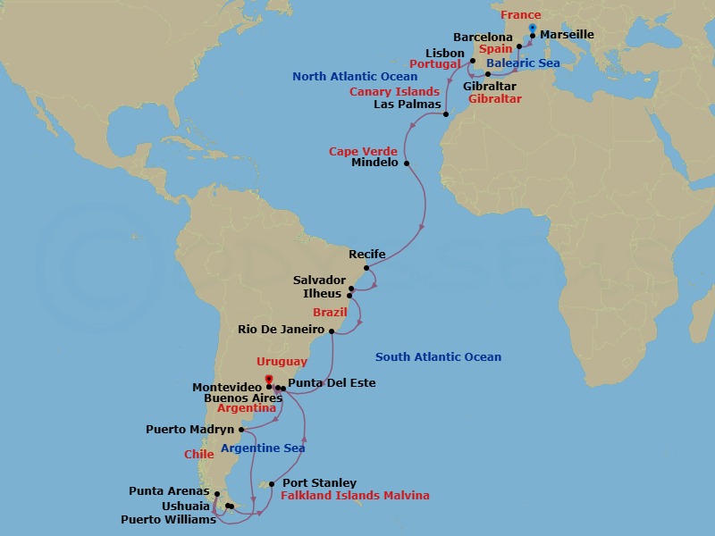 35 Night - Europe from Marseille to Buenos Aires - Costa Favolosa - Starting in Marseille, Barcelona, Gibraltar, Lisbon, Las Palmas (Gran Canaria), Mindelo (Sao Vicente), Recife, Salvador Bahia, Ilheus, Rio De Janeiro, Buenos Aires, Montevideo, Puerto Madryn (Patagonia), Punta Arenas, Ushuaia (Tierra del Fuego), Puerto Williams, Chile, Stanley / Puerto Argentino, Punta Del Este, Buenos Aires itinerary map
