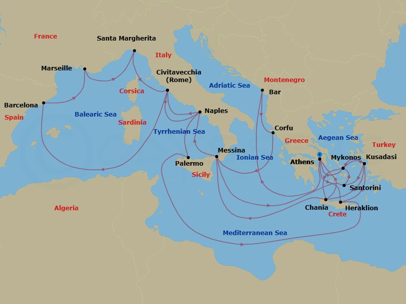 31 Night - The Best of the Mediterranean - Sun Princess - Starting in Athens (Piraeus), Greece, Crete (Heraklion), Greece, Kusadasi, Turkey (for Ephesus), Santorini, Greece, Mykonos, Greece, Crete (Chania), Greece, Sicily (Messina), Italy, Naples, Italy (for Capri and Pompeii), Civitavecchia (for Rome), Italy, Barcelona, Spain, Marseille (Provence), France, Santa Margherita, Italy, Civitavecchia (for Rome), Italy, Naples, Italy (for Capri and Pompeii), Sicily (Palermo), Italy, Crete (Heraklion), Greece, Kusadasi, Turkey (for Ephesus), Mykonos, Greece, Athens (Piraeus), Greece, Montenegro, Corfu, Greece, Sicily (Messina), Italy, Santorini, Greece, Mykonos, Greece, Kusadasi, Turkey (for Ephesus), Crete (Chania), Greece, Athens (Piraeus), Greece itinerary map