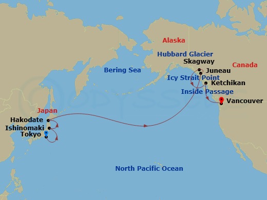 19 Night - Tokyo Pre Cruisetour - Norwegian Jade Tours - Starting in At Hotel, Tokyo (Yokohama), Japan, Sendai (Ishinomaki), Japan, Hakodate, Japan, Cross International Dateline, at Sea, Cruise Hubbard Glacier, Ak, Icy Strait Point, Ak, Juneau, Ak, Skagway, Ak, Ketchikan (Ward Cove), Ak, Cruise Inside Passage Al, Vancouver, Canada itinerary map