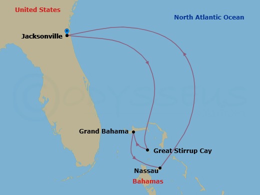 5 Night - Bahamas - Short - Norwegian Dawn - Starting in Jacksonville, Florida, Great Stirrup Cay, Bahamas, Grand Bahama Island, Bahamas, Nassau, Bahamas, Jacksonville, Florida itinerary map