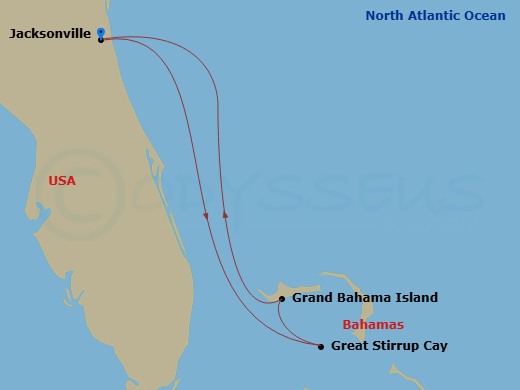 4 Night - Bahamas - Short - Norwegian Dawn - Starting in Jacksonville, Florida, Great Stirrup Cay, Bahamas, Grand Bahama Island, Bahamas, Jacksonville, Florida itinerary map
