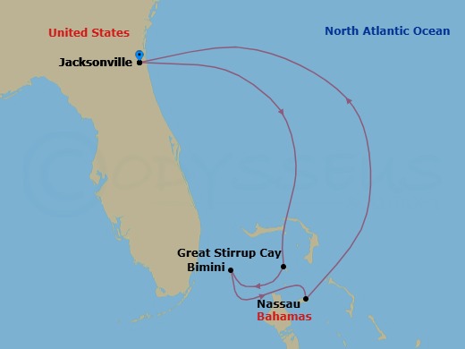 5 Night - Bahamas - Short - Norwegian Dawn - Starting in Jacksonville, Florida, Great Stirrup Cay, Bahamas, Bimini, Bahamas, Nassau, Bahamas, Jacksonville, Florida itinerary map