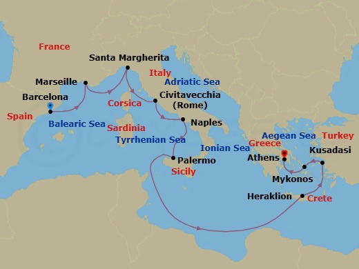 10 Night - Mediterranean with Greek Isles & Italy - Sun Princess - Starting in Barcelona, Spain, Marseille (Provence), France, Santa Margherita, Italy, Civitavecchia (for Rome), Italy, Naples, Italy (for Capri and Pompeii), Sicily (Palermo), Italy, Crete (Heraklion), Greece, Kusadasi, Turkey (for Ephesus), Mykonos, Greece, Athens (Piraeus), Greece itinerary map